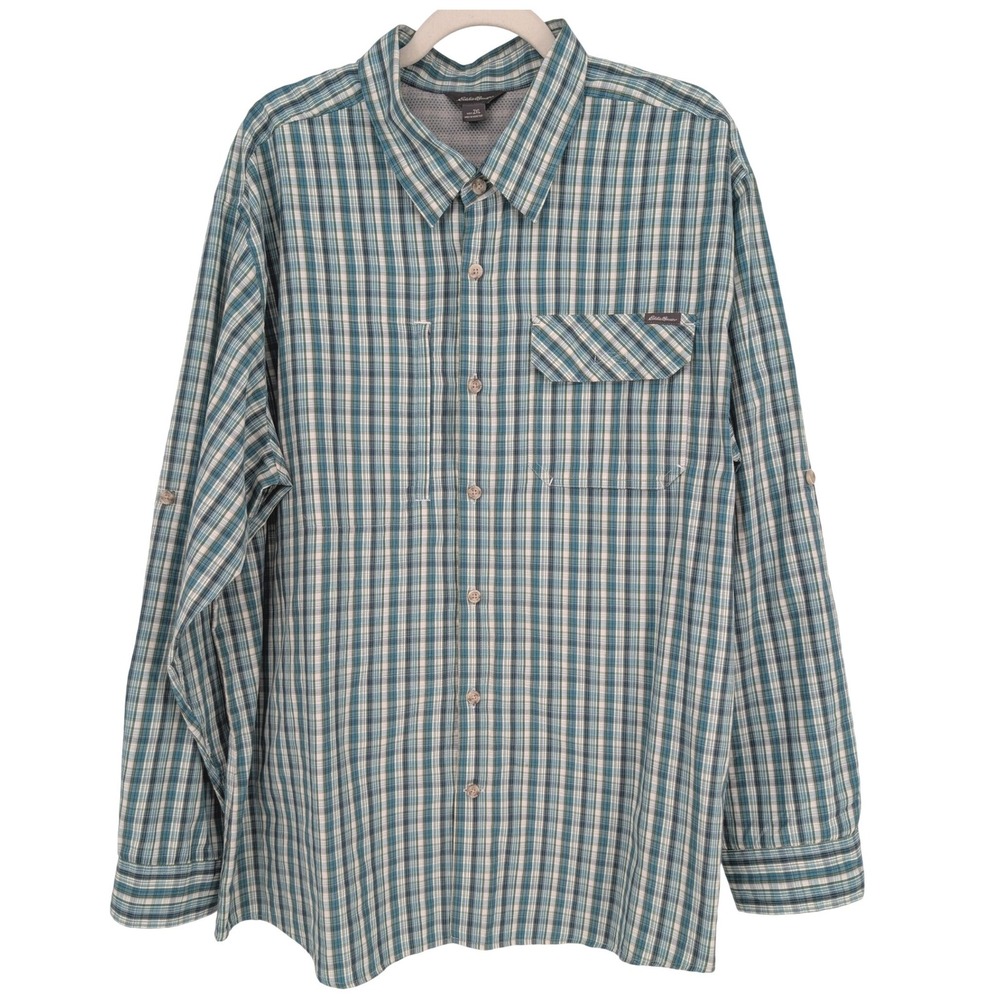 Eddie Bauer Plaid Fishing Shirt Mens 2XL Blue Green Long Sleeve Vented Utility